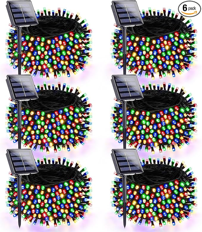 6 Pack Solar Christmas Lights Outdoor Waterproof, Super Bright 270FT 480 LED Solar Lights String with 8 Lighting Modes, Green Wire Solar Twinkle Fairy Lights for Xmas Tree Garden(Multi-Colored)