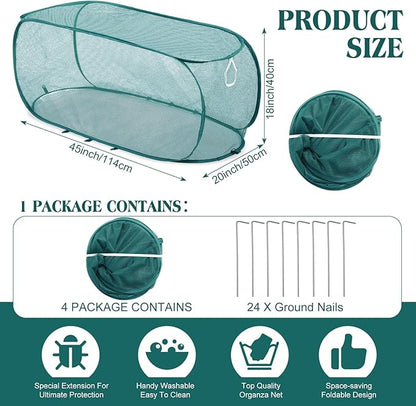 4 Pcs 45'' x 20'' x 18'' Pop up Garden Mesh Plant Cover Outdoor Plant Protector Garden Row Raised Bed Cover with Ground Nails Crop Cage Net for Seedlings Vegetable Fruit Herbs (Dark Green)