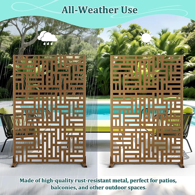 Metal Privacy Screen Outdoor Privacy Screen, Freestanding Fence Panel for Outside, 72''H×47''W, Decorative Screen Panel for Backyard/Patio/Deck