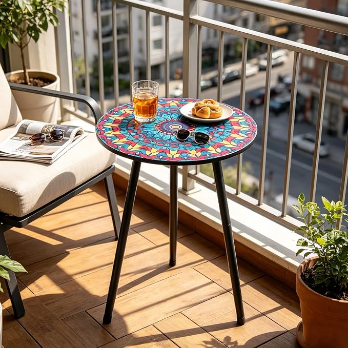 2 Pack Metal Mosaic Round Side Tables 13.4" Small Outdoor Patio Round Accent Coffee Tables Indoor Corner Stand for Small SpacesWeather-Resistant for Balcony, Porch Plant Stands Indoor, Rainbow Mandala