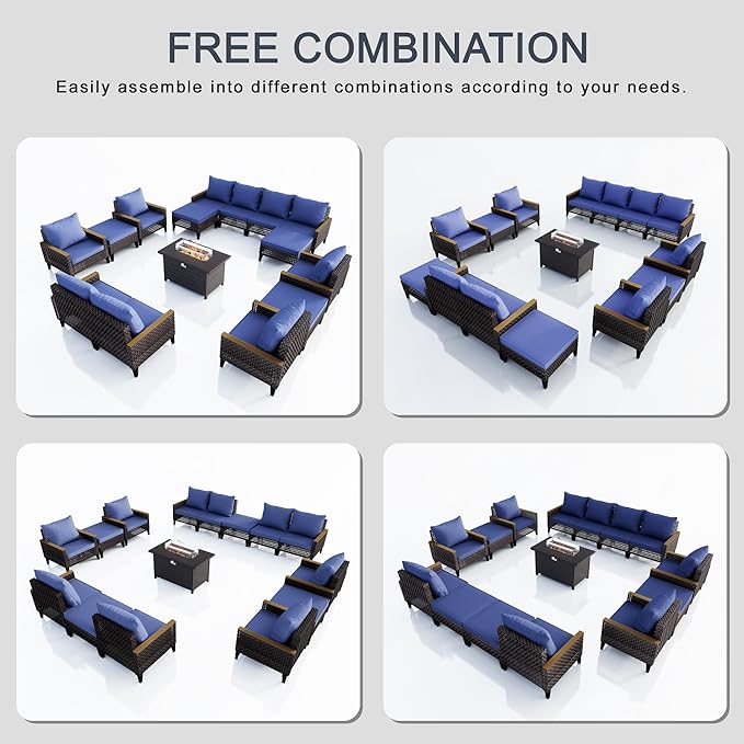 15-Piece Outdoor Patio Furniture Set, Wicker Rattan Conversation Set with Fire Pit Table and Foot Rest, Sectional Modular Sofa Couches Chairs Ottomans for Deck, Balcony, Backyard, Yard (Blue Cushions)