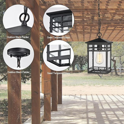 Treekee Outdoor Pendant Lighting, Hanging Lantern with Adjustable Chain, Exterior Hanging Porch Light in Black Finish with Seeded Glass, Outside Pendant Lamp for Front , Entry, Patio, Gazebo