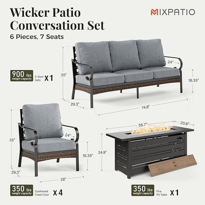 Patio Furniture Set with Firepit Table, Black Frame Outdoor Conversation Set with 4 x Fixed Chairs, 1 x 3-Seat Sofa for Lawn Garden Backyard, Grey