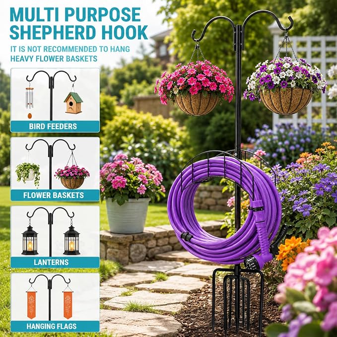 2-Pack Heavy Duty 7-Prong Garden Hose Holder with Dual Hooks | Freestanding Heavy Duty Garden Hose Stand,150FT Capacity Outdoor Yard Organizer for Bird Feeder and Plant Hanging