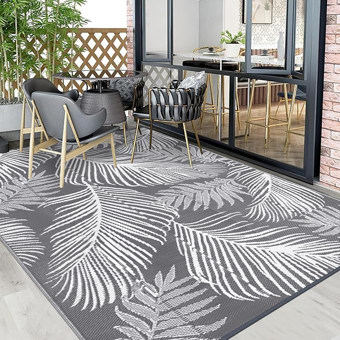 Pauwer Waterproof Outdoor Rug 8x10, Reversible Plastic Straw Patio Camping Rug, Indoor Outdoor RV Mat Carpet for Deck, Camper, Porch, Balcony, Backyard, Picnic, Leaf Grey