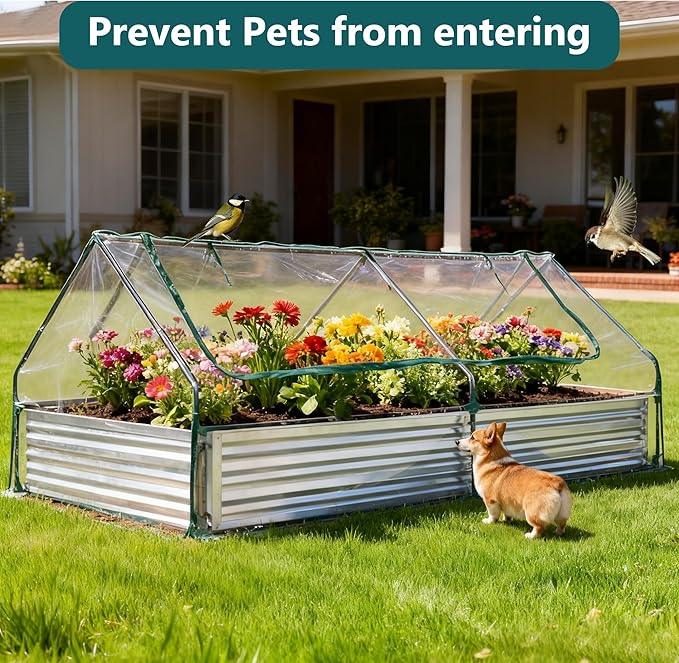 NEWBULIG 8x4x1ft Galvanized Raised Garden Bed with Greenhouse Cover, Outdoor Metal Planters Box for Planting Vegetables, Flowers & Herbs, Easy Assembly, Clear