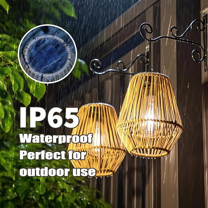 YAKii 2 Pack Solar Lantern Hanging Waterproof Outdoor Handmade Solar Lamp with Plastic Rattan Design Bohemian Style Decoration for Garden Yard Patio Porch Trees Lawn Pathway Decor