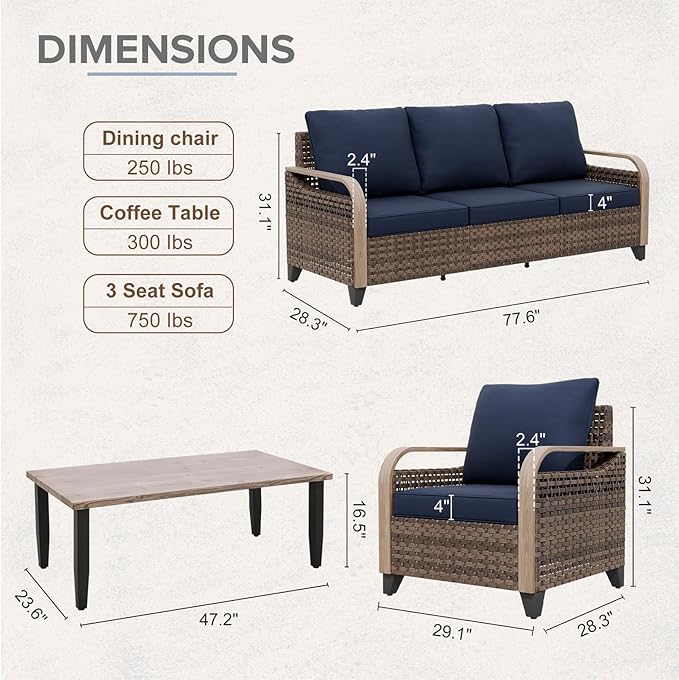 COOS BAY Modern Wicker Outdoor Furniture Set, Patio Conversation Set with Patio Chairs, 3 Seat Couch, and Side Table, 4 Piece, Brown/Blue