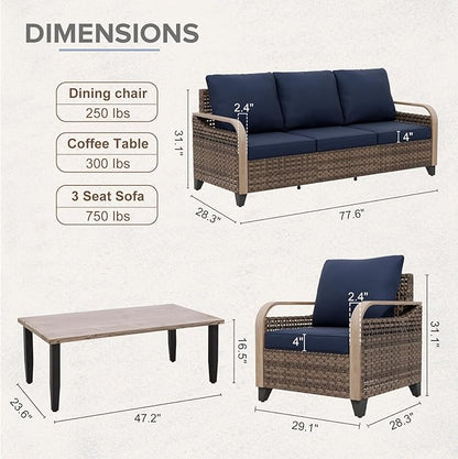 COOS BAY Modern Wicker Outdoor Furniture Set, Patio Conversation Set with Patio Chairs, 3 Seat Couch, and Side Table, 4 Piece, Brown/Blue