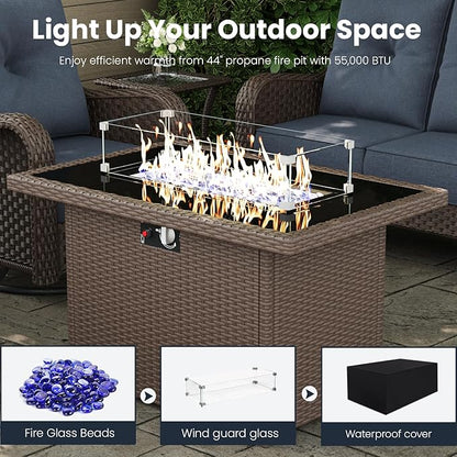 8 Pieces Outdoor Patio Furniture Sets with Rocking Swivel Chairs with 6-inch Thick Cushion and Fire Pit Table for Deck Lawn