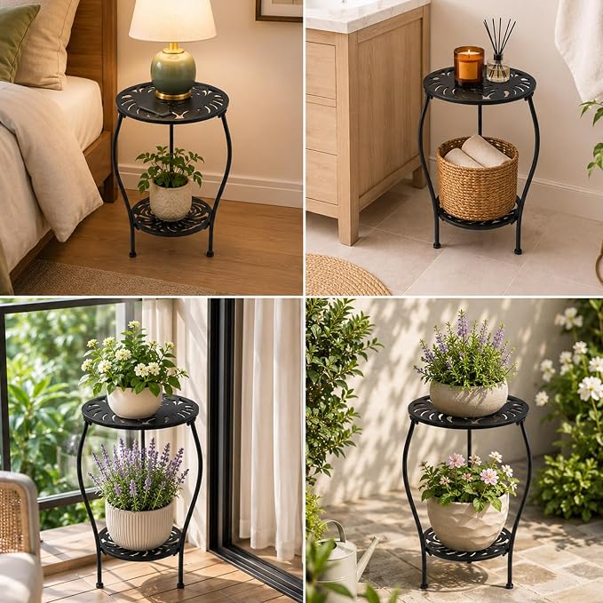 2-tiered 13.2 Inch Metal Round Side Table Set of Two Small Black Outside End Table for Patio Round Accent Garden Corner Stand for Small Spaces Weather-resistant Outdoor Coffee Table for Balcony, Black