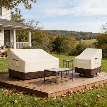 2-Seater Patio Sofa Cover, 600D Heavy Duty Waterproof Outdoor Sofa Covers, 58 W x 32.5 D x 31 H Inches Outdoor Couch Cover, Patio Furniture Covers, Lvory&Brown