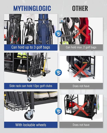 Mythinglogic 3 Golf Bags Storage Organizer-Extra Large Size Fits 3 Full Size Golf Bags,Garden Tool Organizer for Garage-Yard Tool Racks with Wheels