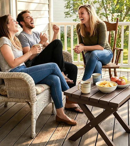 PASAMIC Folding Outdoor Side Table, HDPE Outdoor End Table, All-Weather Patio Table with 17.7" Wide Tabletop, No Assembly, for Porch, Deck, Poolside, Brown