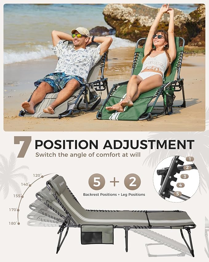 KingCamp 2 Pack Tanning Chair with Face Hole, Lounge Chairs Outdoor Folding Portable Comfy Adjustable 5-Position Foldable Chaise Chaser Lounger for Outside Beach Patio Sun Bathing Pool, Grey/White