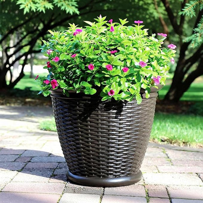 18 Inch Resin Wicker Planter Pot, Decorative Indoor Outdoor Flower Pot for Patio Garden Balcony, Java Brown, Lightweight with Drain Holes