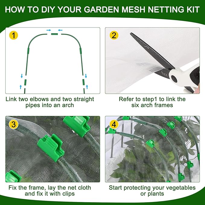 10 x 50ft Garden Netting Kit with 12 Hoops & 36 Clips, Ultra-fine Mesh Grow Tunnel for Raised Bed Vegetable Protection, Durable Pest Barrier for Garden Plants