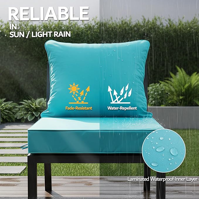 24x24 Inch Outdoor Chair Cushions Set of 4, Patio Furniture Cushions - Removable Cover, Water-Repellent, Fade-Resistant, Non-Slip Bottom & Straps, Replacement for Deep Seat Sofa & Couch - Teal