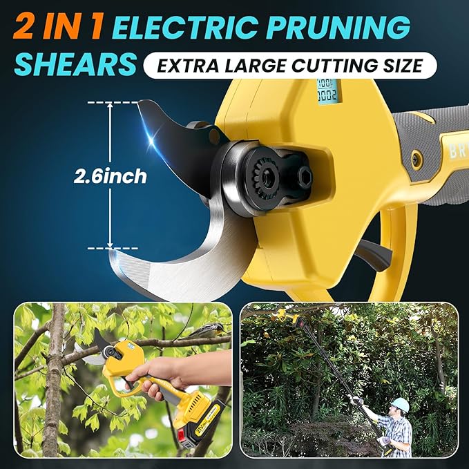Electric Pruning Shears Cordless 2.6 Inches & Electric Pole Pruner 2-IN-1 with 8ft Pole Reach To 14ft, 2 * 2Ah Battery Pruning Shears, Cordless Pole Pruner Garden Tool for Tree Trimming Branch Cutter