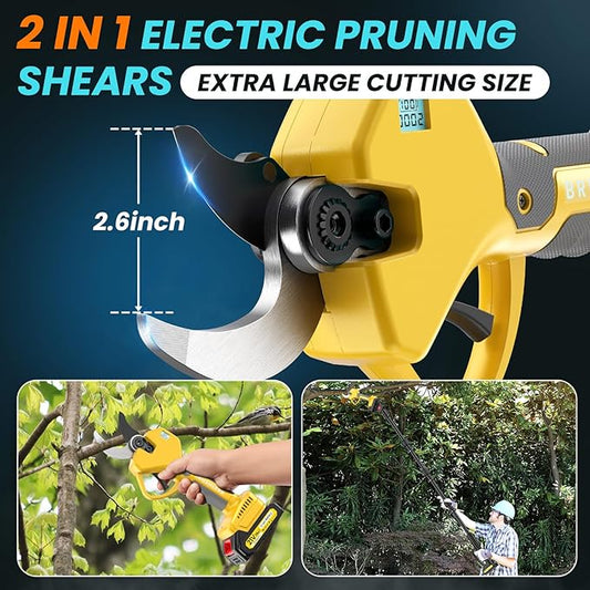 2-in-1 Pole Pruning Shears, 2.6 Inches Opening size Cordless Electric Pole Pruners - Brushless Motor, 2.0Ah*2 Batteries, SK7 Blade, 8.7FT Adjustable Branches Cutter for Tree Trimming
