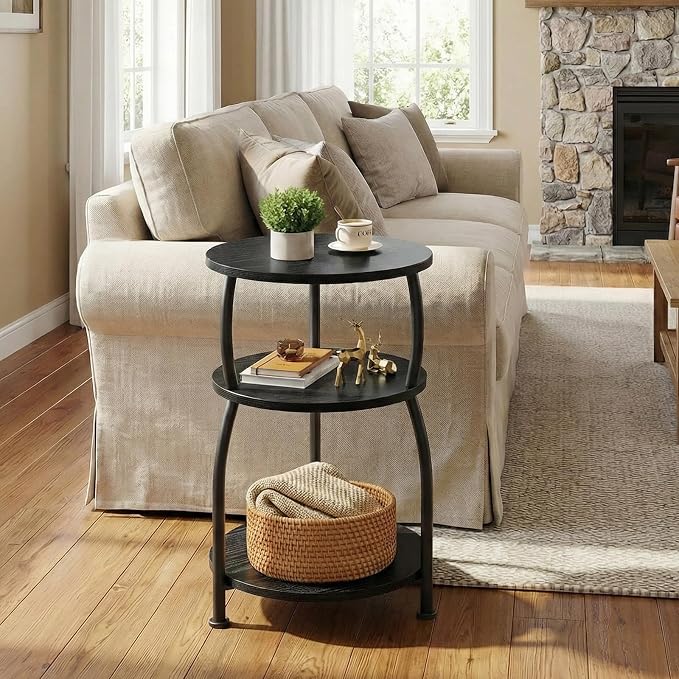 Round Side Table, 3-Tier End Table with Storage Shelf, 15.7" Wide Nightstand for Small Spaces, Tall Sofa Table Capable of Holding Laptops & Lamps, Bedside Table for Bedroom & Living Room, Black