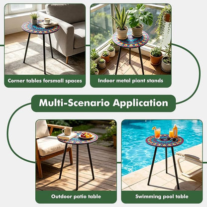 2 Pack Metal Mosaic Round Side Tables 13.4" Small Outdoor Patio Round Accent Coffee Tables Indoor Corner Stand for Small SpacesWeather-Resistant for Balcony, Porch Plant Stands Indoor, Rainbow Mandala