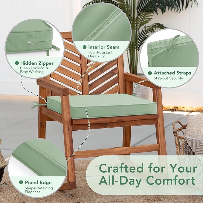 Outdoor Chair Cushions Set of 2: Waterproof & Fade Resistant Seat Cushion for Patio Furniture - 18.5 x 16 x 2 Inch Chair Pads with Ties and Hidden Zipper - Chair Cushion Replacement, Sage Green