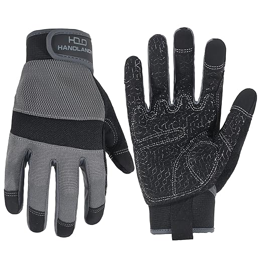 HANDLANDY Working Gloves for Men & Women, Safety Work Gloves with Grip for Warehouse Construction Garden Yard Outside (Grey-Grip, Small (Pack of 1))