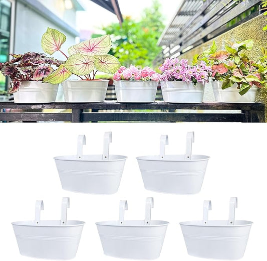 LaLaGreen Rail Planter Outdoor Plants (11.8 Inch, 5 Pack) White Metal Iron Hanging Flower Pots Deck Railings Fence Buckets Modern Countryside Boho Style Wall Mount Window Box Holder Hooks Porch Decor