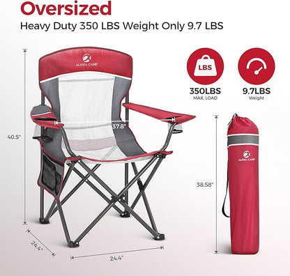 ALPHA CAMP Heavy Duty Camping Chair 500LBS Capacity, Oversized Folding Chair for Heavy People, Padded Portable Outdoor Chair with Cooler Bag & Cup Holder for Camping, Fishing, Beach