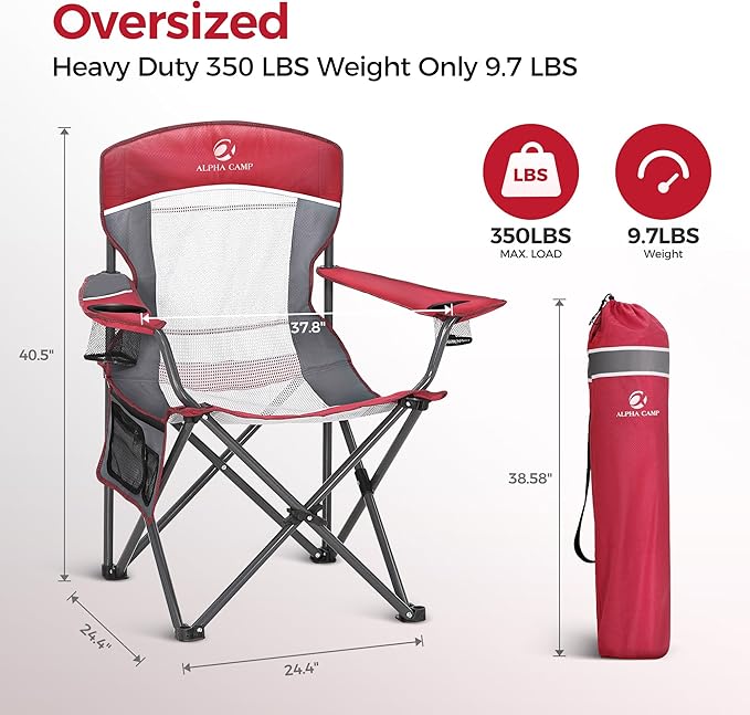ALPHA CAMP Heavy Duty Camping Chair 500LBS Capacity, Oversized Folding Chair for Heavy People, Padded Portable Outdoor Chair with Cooler Bag & Cup Holder for Camping, Fishing, Beach