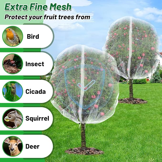 Easy Installation Fruit Tree Netting with Zipper & Drawstring - 8.2x6.6ft Ultra Fine Mesh Garden Protection Screen to Protect Pear Peach Apple from Bird Insect Bug Cicada Deer Squirrel - 2pcs