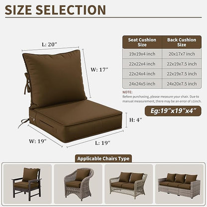 Premium Outdoor Seat Cushion Chair Cushions for Patio Furniture 19 L X 19 W X 4 H Waterproof & Fade Resistant Deep Seat and Backrest Cushion Set with Removable Covers for Chair, Sofa