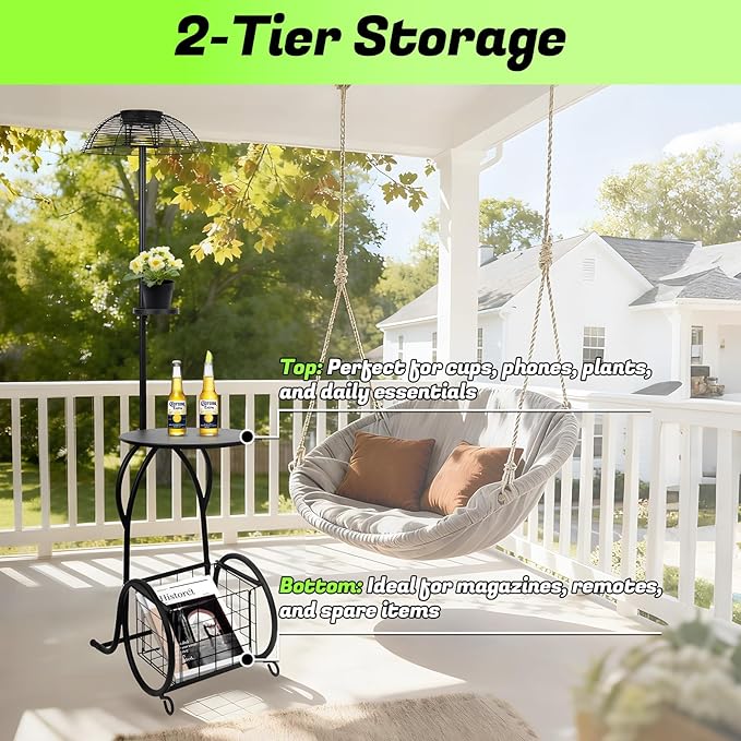 Solar Outdoor Side Table with Light, 52.5'' Waterproof Metal Patio End Table, Solar Powered Accent Table with Auto Light ON/OFF & USB Charging, Pefect for Porch Backyard Poolside Balcony, Black