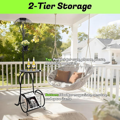 Solar Outdoor Side Table with Light, 52.5'' Waterproof Metal Patio End Table, Solar Powered Accent Table with Auto Light ON/OFF & USB Charging, Pefect for Porch Backyard Poolside Balcony, Black