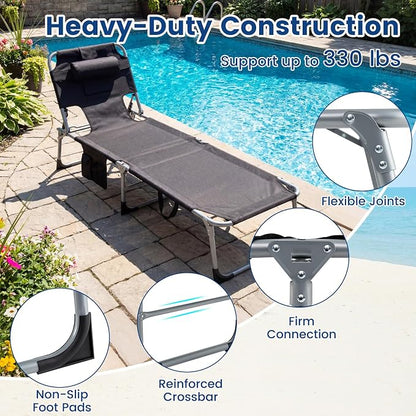 Goplus Tanning Chair, Folding Adjustable Patio Lounge Chair with Face Hole, Removable Pillow, 330LBS, Carry Strap, Outdoor Sunbathing Chair, Lightweight Portable Beach Lounge Chair, No Assembly
