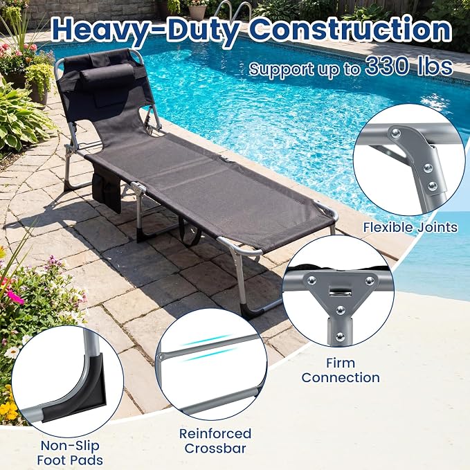COSTWAY Tanning Chair with Face Hole, Folding Beach Lounge Chair | 4-Position Adjustable Backrest, Pillow & Side Pocket for Sunbathing, Camping (1, Black)