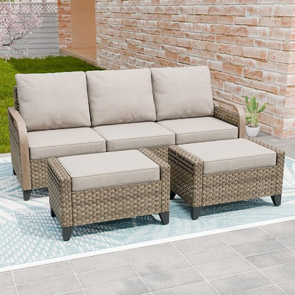 Modern Wicker Patio Furniture Set, Rattan Outdoor Conversation Set with Comfortable Cushions, 3 Seat Couch and 2 Ottomans, 3 Pieces, Brown/Gray