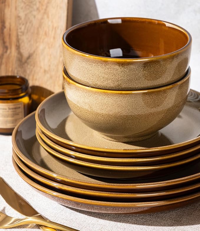 LERATIO Ceramic Dinnerware Sets for 4, 12 Pieces Ceramic Plates and Bowls Sets, Scratch Resistant Dish Set, Oven, Microwave & Dishwasher Safe- Chestnut