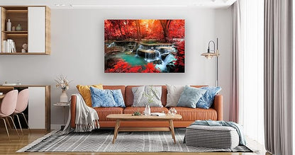 Muolunna BK03969 Wall Art Decor Canvas Print Picture Red Forest Waterfalls 1 Piece Modern Landscape Tree for Living Room Bedroom Kitchen Office Home Decorations Stretched and Framed Ready to Hang