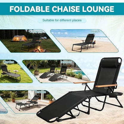 Beach Lounge Chair, Folding Outdoor Chaise Lounge Chair with Arms, 4-Position Backrest, Extended Sun Tanning Chair Pillow & Cup Holder, Patio Lounger for Outside for Beach Pool Patio Yard (Black)