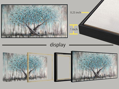 Arjun Framed Blue Tree Canvas Wall Art for Living Room Tree of Life Abstract Bedroom Textured Painting, Nature Picture Panoramic Landscape Artwork Home Office Decor, Black Wood Large 48"x24"