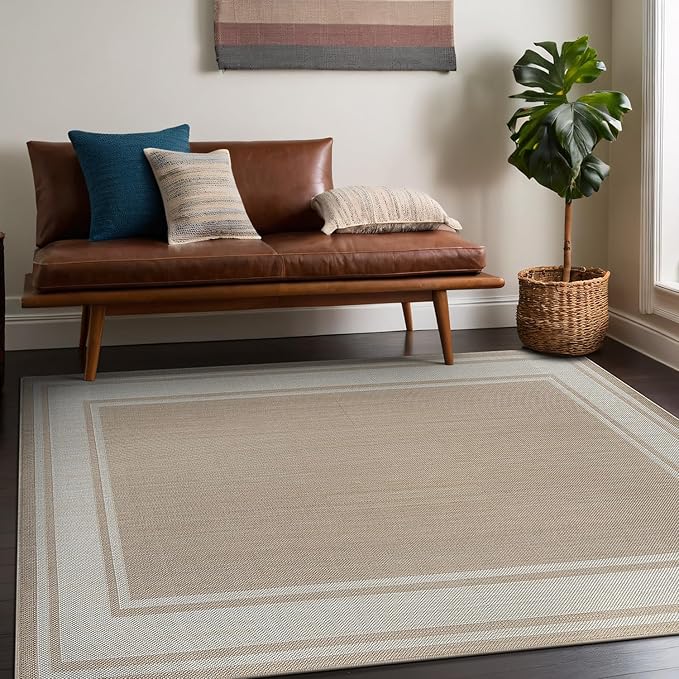 Beverly Rug Outdoor Rug 8x10 Modern Bordered Area Rugs for Indoor and Outdoor Patio Deck Porch Garden Waterproof Weather Sun Resistant Washable Outside Carpet (8 x 10 Beige)