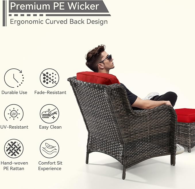 4 Piece Patio Furniture Set, 2 Chairs and 2 Ottomans PE Wicker Footstool, Outdoors Rattan Conversation Set with Deep Seating and Olefin Cushions, for Backyard, Garden, Red