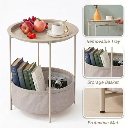 VECELO Round Side/End Table with Fabric Storage Basket，Metal Anti-Rust and Waterproof Small Bedside Nightstand with Removable Tray Top for Living Room，Balcony & Laundry，Grey /1pcs with Basket