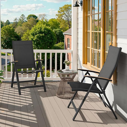Crestlive Products Folding Patio Chairs Set of 6, 8-Level Adjustable Outdoor Recliner Chairs with Teak Armrest Aluminium Frame for Pool, Backyard, Black