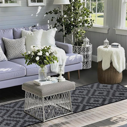 SAND MINE Waterproof Outdoor Rug, Plastic Reversible Rug, Modern Area Rug, Large Floor Mat for Outdoors, RV, Patio, Backyard, Deck, Picnic, Beach, Camping (2.5' x 8', Black Grey Lattice)