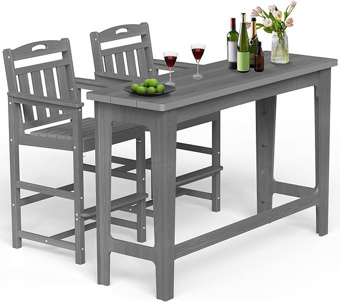 Ciokea Heavy-Duty Outdoor Bar Set, Rectangle High Top Table and 2 Oversized Adirondack Chairs Set, HDPE Modern Patio Bar Set for Outside Bistro Backyard Balcony Deck Outside, Grey