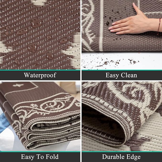 Pauwer 9'x12' Reversible Outdoor Rug, Waterproof Plastic Straw Area Rug for Patios, RV Mat, Camping, Picnic, Beach, Balcony, Pet Friendly, Lightweight