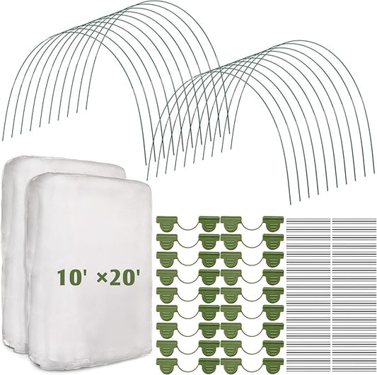 Woanger 2 Sets Garden Mesh Netting Kit Plant Cover with 100 Garden Hoops 72 Clips 80 Connectors Fine Mesh Netting Protection for Plant Vegetable Fruits Flowers Greenhouse(10 x 20 Ft)